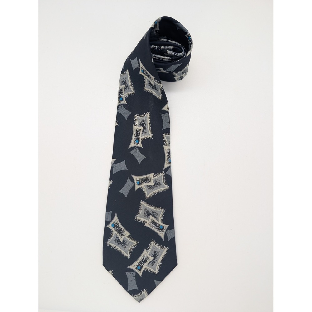 Giorgio Armani Mens Silk Navy Blue Gray Geometric Luxury Necktie Italy 59 Inch